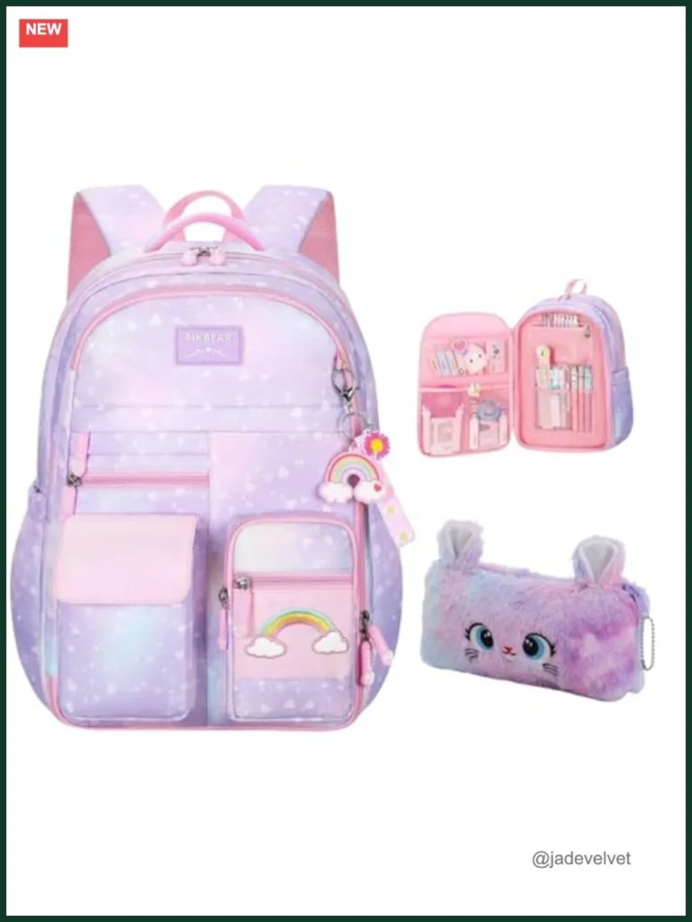 Kawaii Rainbow Cloud Backpack for Girls, Large Capacity School Bookbag with
